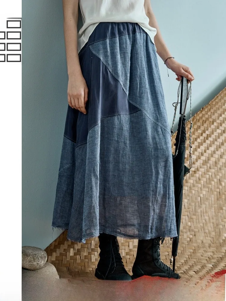 

Дикая синяя льняная юбка-миди трапециевидной формы, лето 2025, новинка Sle Color Blo, винтажная красивая длинная юбка, женская простая юбка с высокой талией...