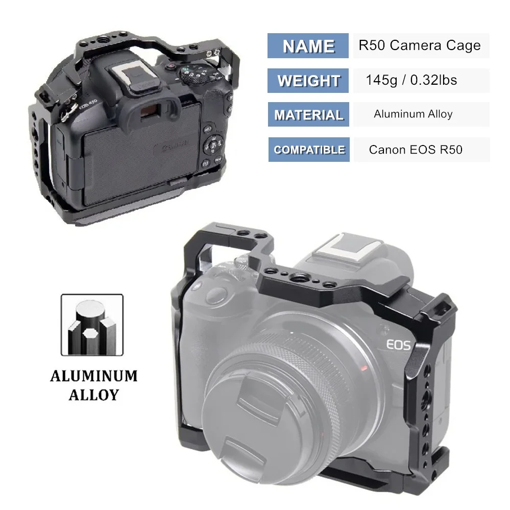 R50 Camera Cage for Canon EOS R50 with Arca Swiss Quick-Release Plate for DJI Gimbal Tripod, w Cold Shoe &1/4