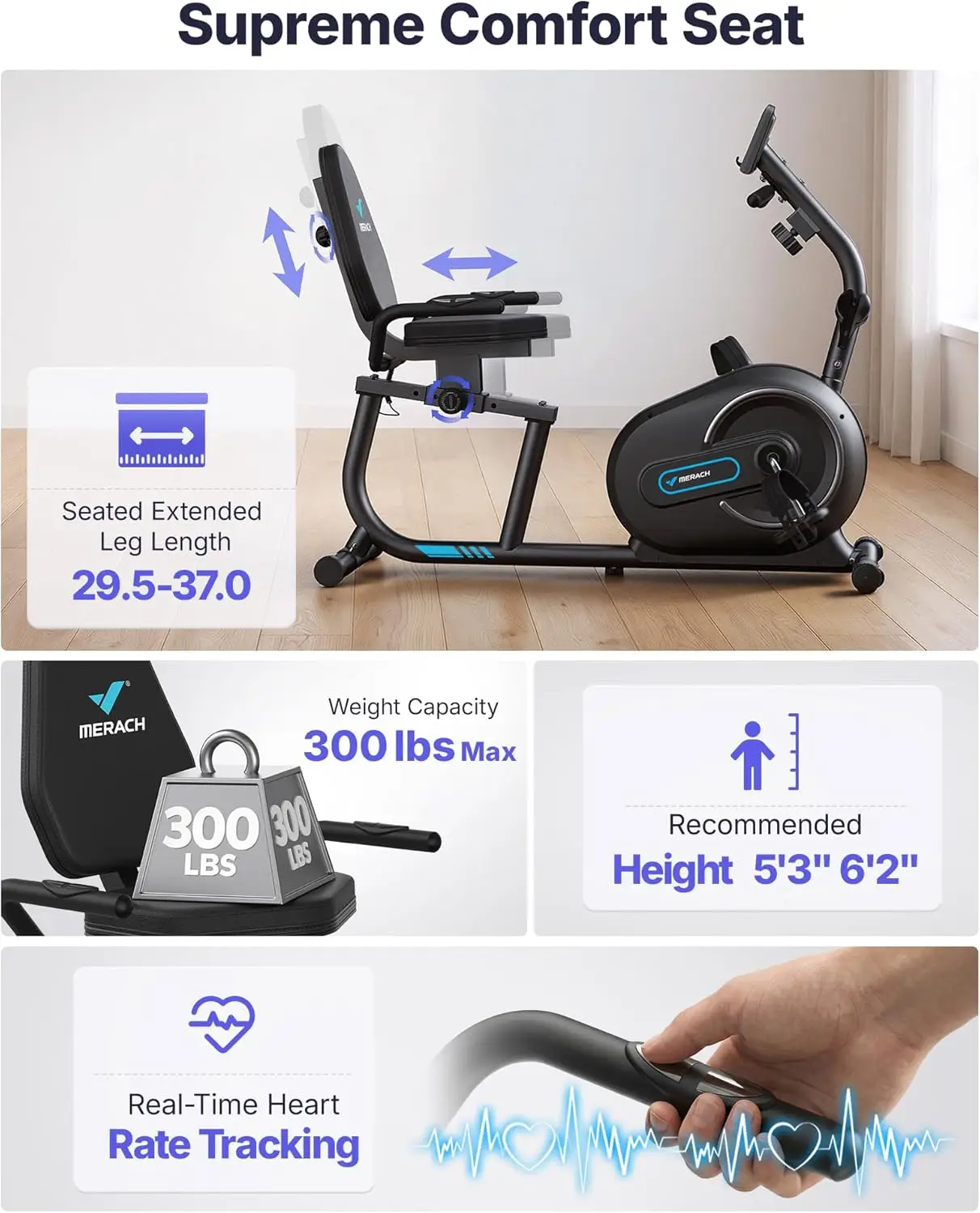 Home Use Recumbent Exercise Bike, Steel Material, Black Color, Smart Bluetooth & LCD Display, Heart Rate Monitoring