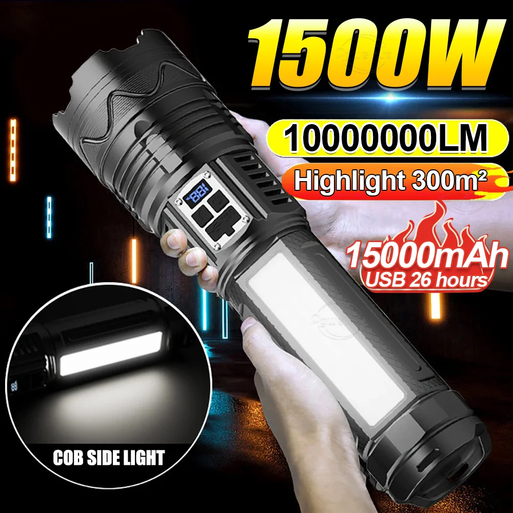 10000000LM Super Bright Torch 1500W High Power LED Flashlight USB Rechargeable Lamp Outdoor Camping Lantern Tactical Flashlight