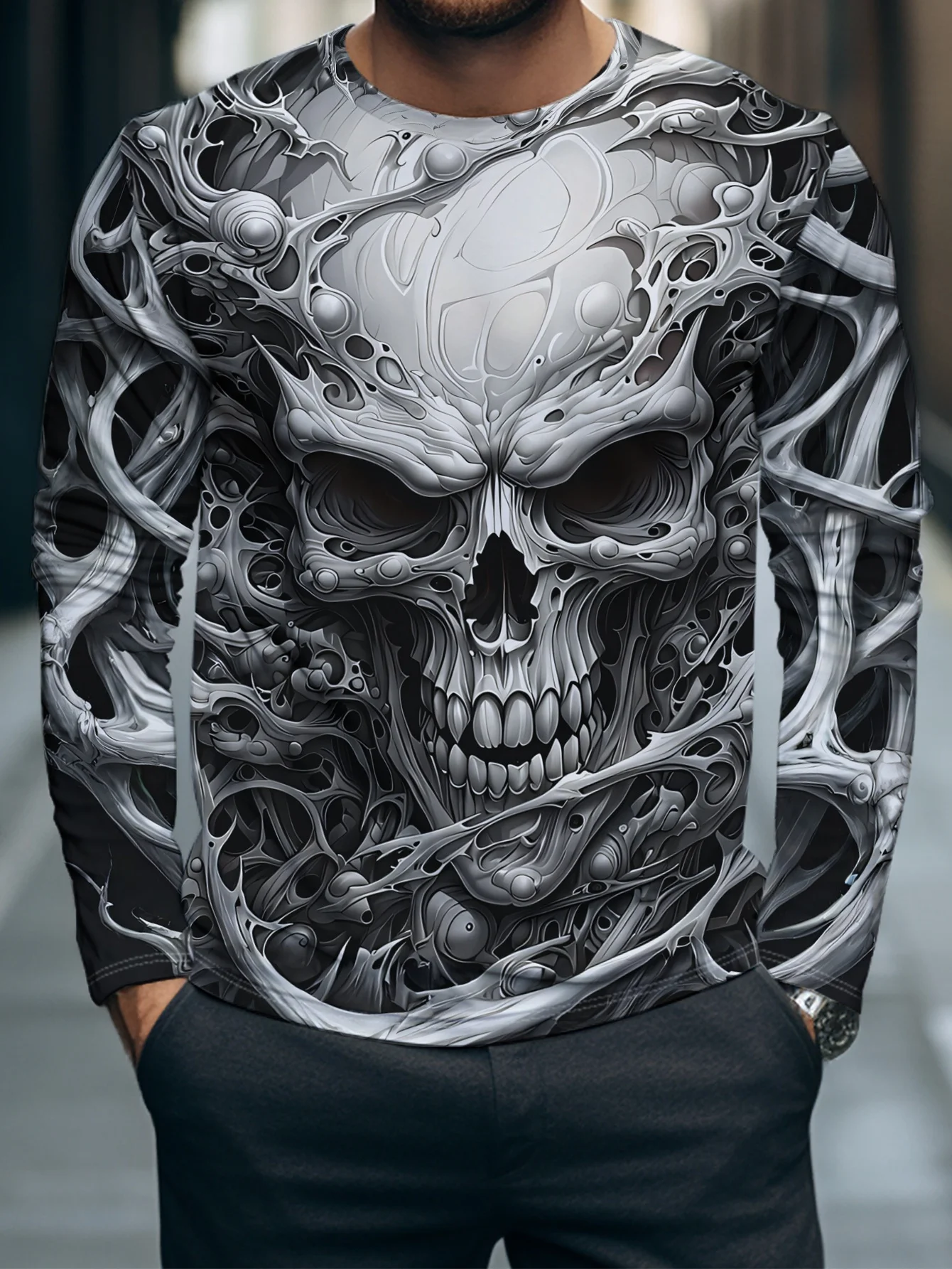 New best-selling retro men's long sleeved hollow 3D printing in 2026, trendy and comfortable casual O-neck long sleeved clothing