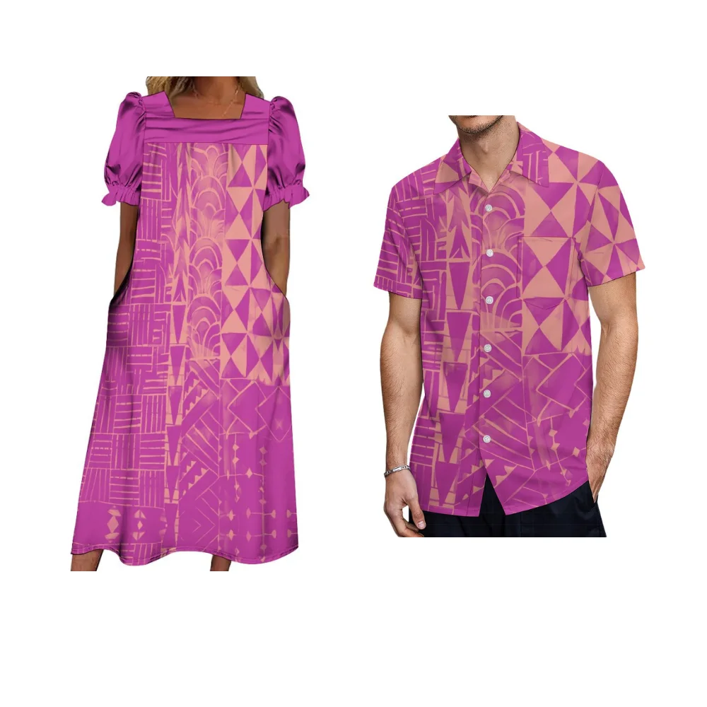 

Pacific Island Art Custom Summer Couple Set Traditional Polynesian Vintage Print High Quality Women'S Mumu Skirt Men'S Shirt