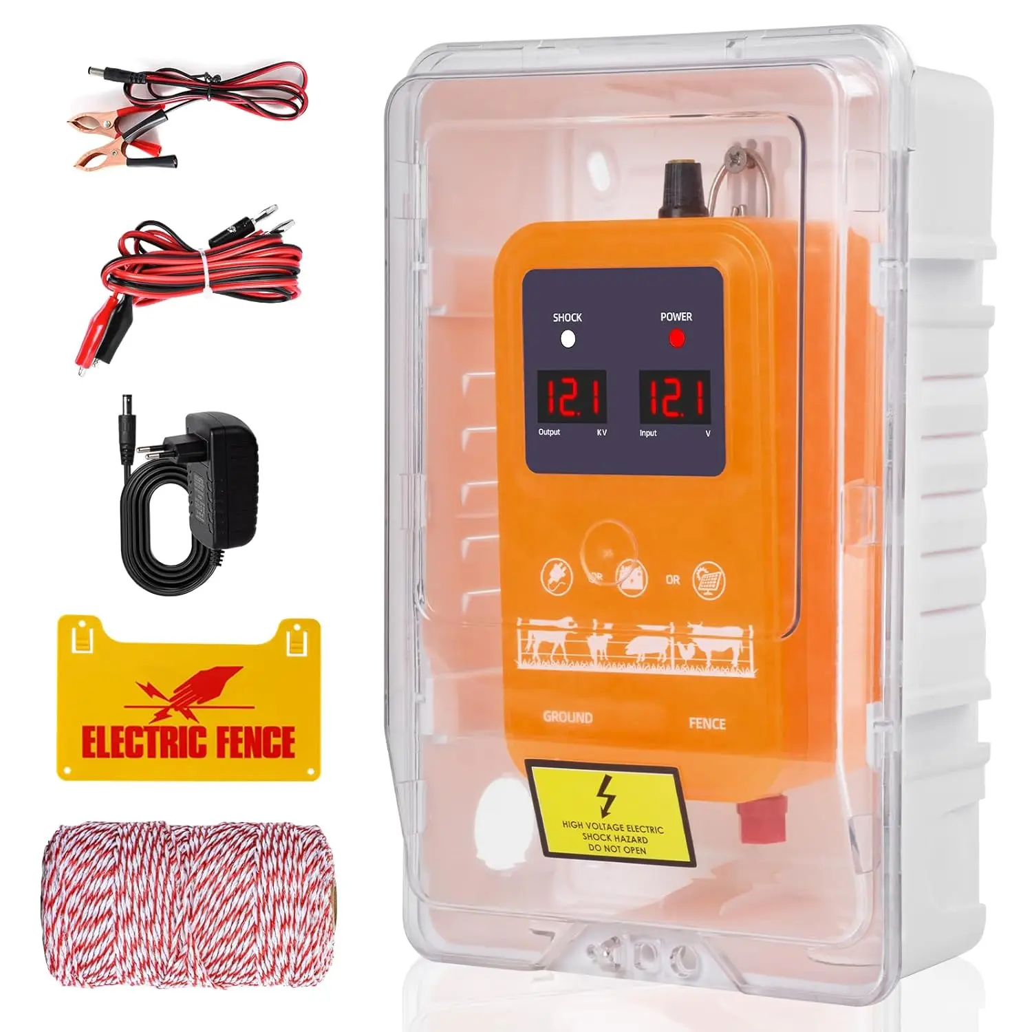 15Km Electric Fence Energizer 2 Joules 7-13Kv Electric Fence Charger for Livestock for Wildlife Prevention with 200M Cable