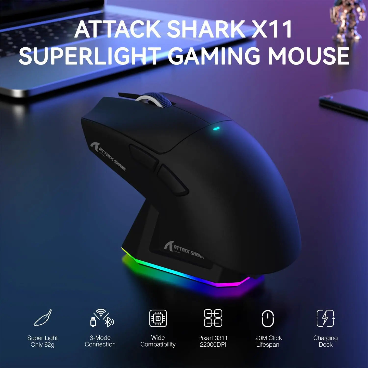 ATTACK SHARK X11 / X11SE Wireless Gaming Mouse, PAW3311, 800-22000 DPI, Bluetooth 2.4GHz USB Wired, Rechargeable, 6 Buttons