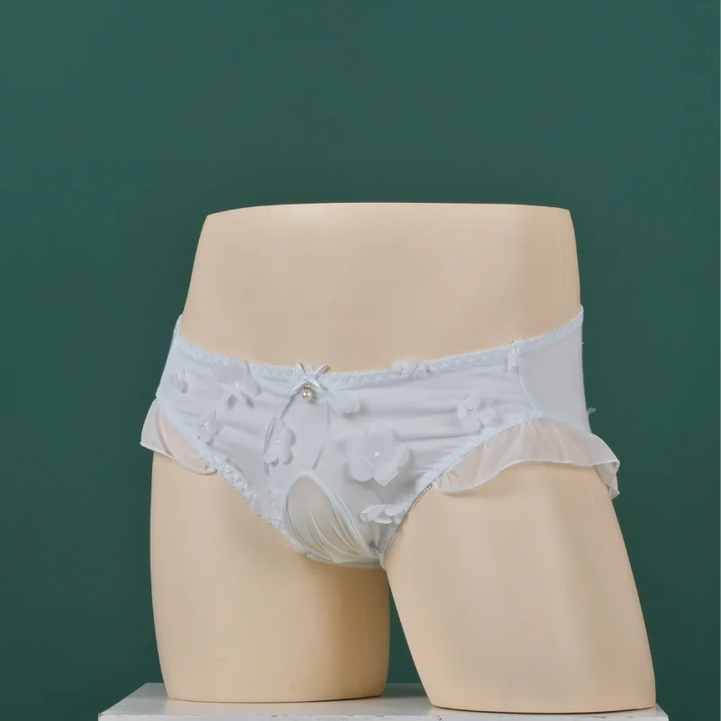 Men's Panties Mesh Yarn Sweet Underwear Sissy Lingerie Flower Ruffled See Through Briefs Ultra-Thin Lace Gays Underpants