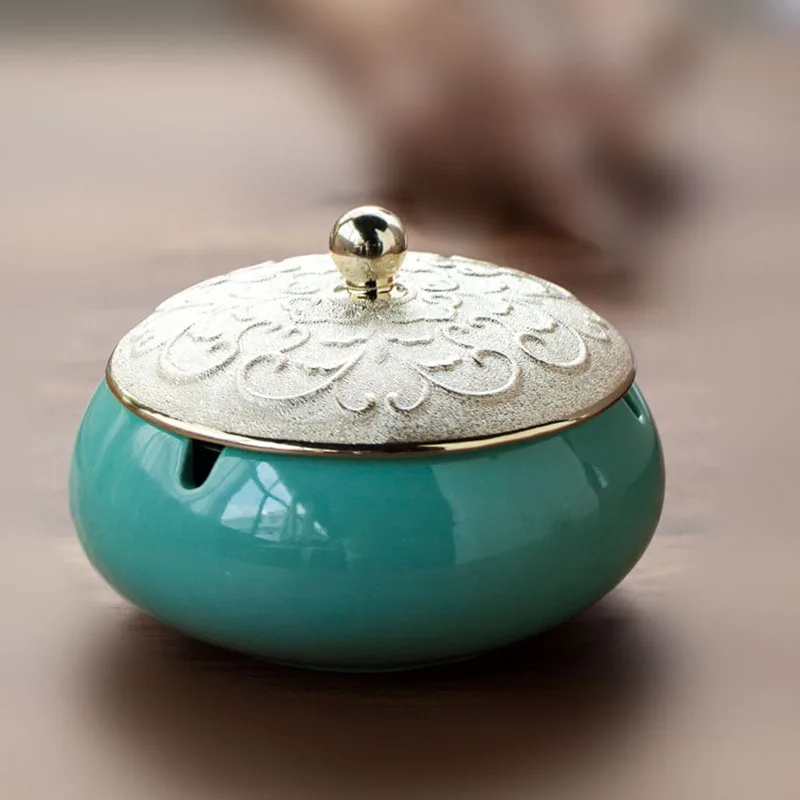 Ceramic Ashtray Electroplating Ornament Crafts Windproof Room Office Cafe Portable