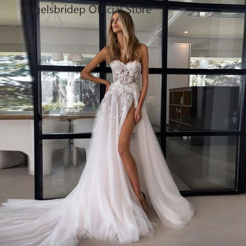 

Angelsbridep Elegant A Line Tulle Wedding Dresses For Women Sweetheart Appliques Bride Gowns Leg Slit Sweep Train Robe De Mariée