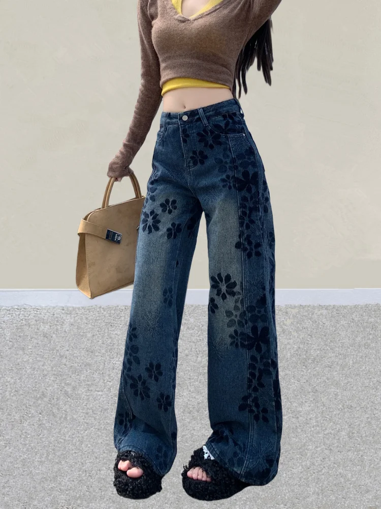 2025 American Retro Y2K Streetwear Fiori Ricamo Baggy Pantaloni jeans da donna Abbigliamento donna Pantaloni in denim gotico a gamba larga