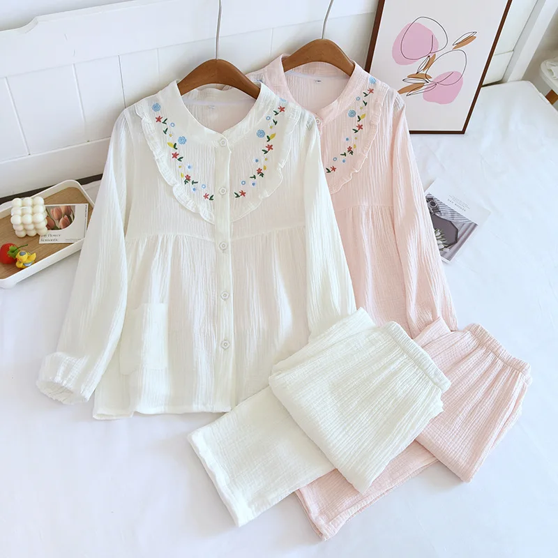 

Pajamas Spring Autumn Women's Embroidery New Cotton Women's Season Summer Set Home Pijamas Nightwear Homewear