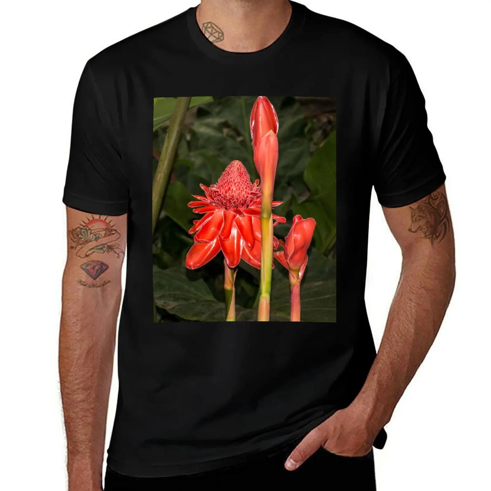 

Living Coral Coloured Torch Ginger Lily T-Shirt Casual All Match Short Sleeve T-Shirt