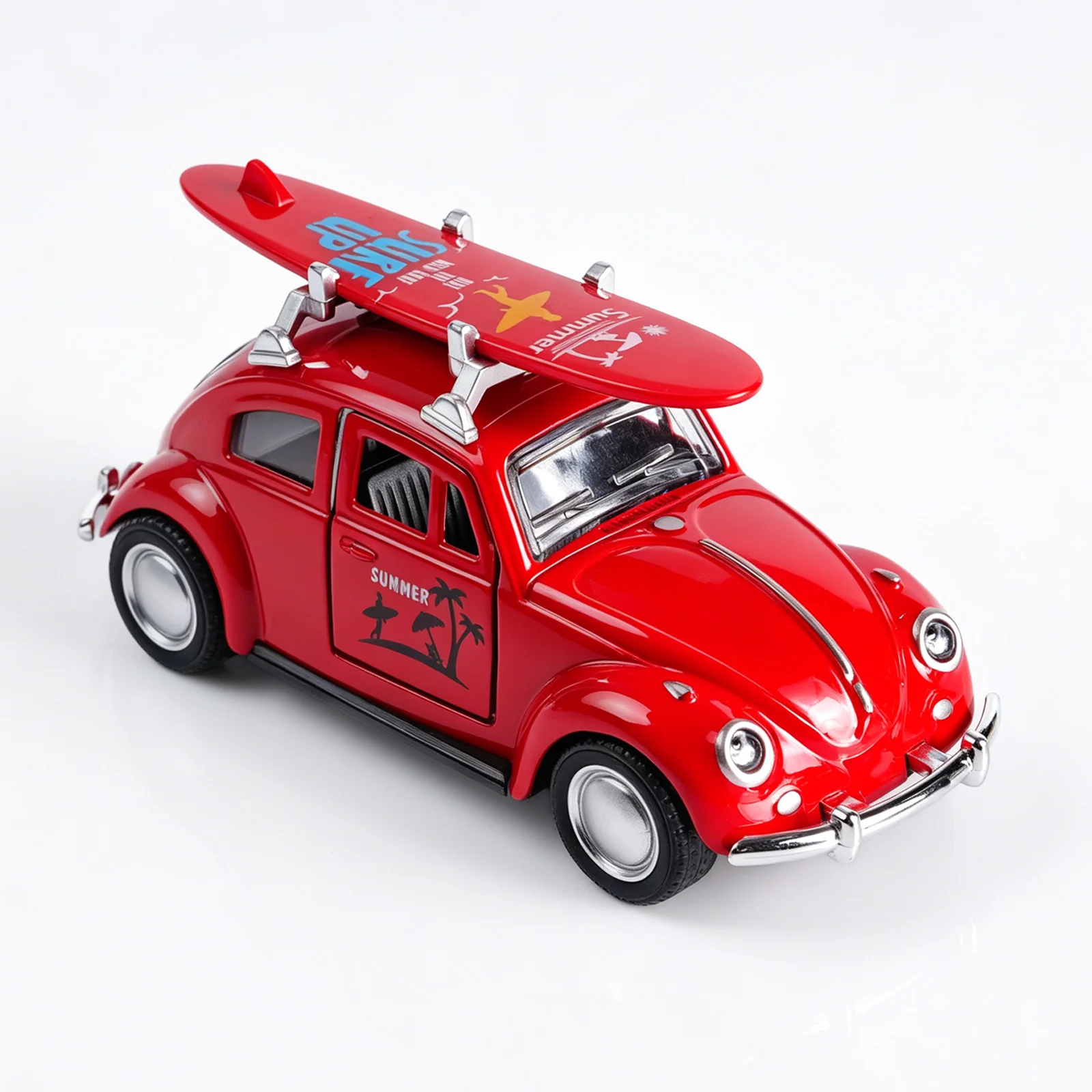 1:36 Red Volkswagen Beetle Diecast Car with Surfboard, Alloy Pull-Back Model with Open Doors, Retro Summer Beach Toy for Kids