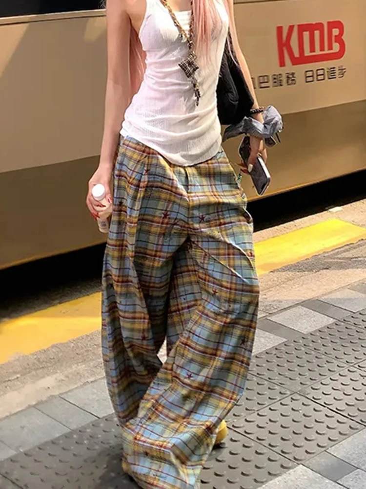 

Y2K клетчатые широкие брюки женские летние уличные брюки с высокой талией свободные универсальные брюки повседневные карманы женские брюки для мытья полов