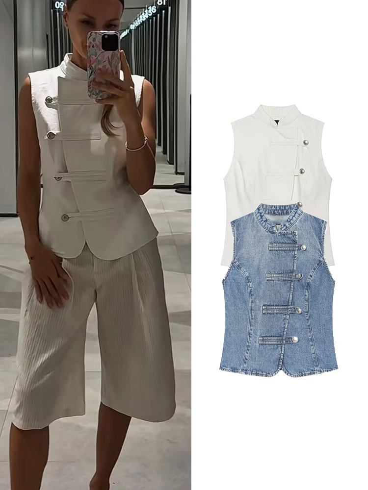 TFMLN Elegante Damen-Weste mit Stehkragen, ärmellos, Sommer-Mode, High-Street-Stil, unregelmäßige Einreiher-Tanktops, Neu 2026