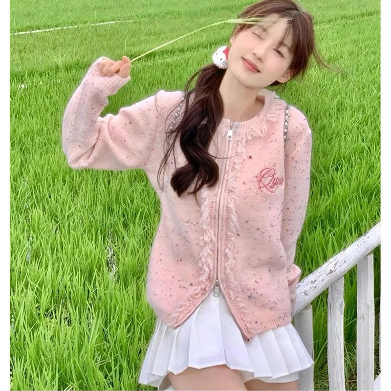 

Вязаный кардиган с кисточками и двойной молнией для женщин, короткий розовый свитер в горошек с круглым вырезом, куртка для женщин