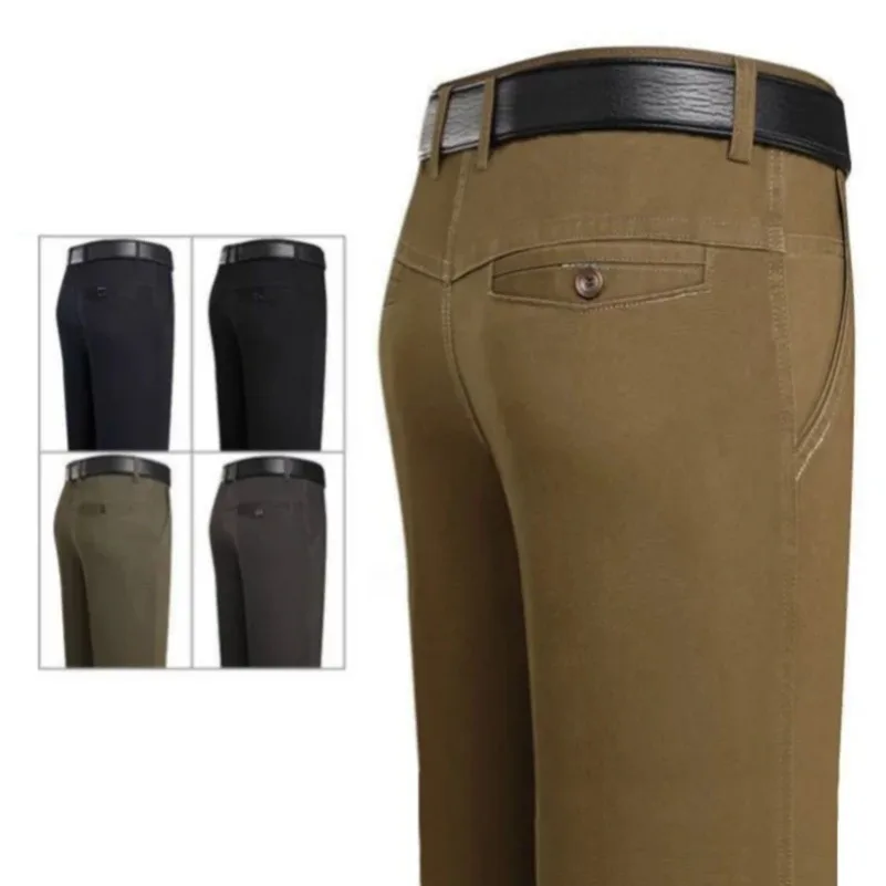 Men's Office Business 100% Cotton Pants Summer Thin & Autumn Thick High Waist Straight Loose Solid Bland Suit Slacks GOZBKF