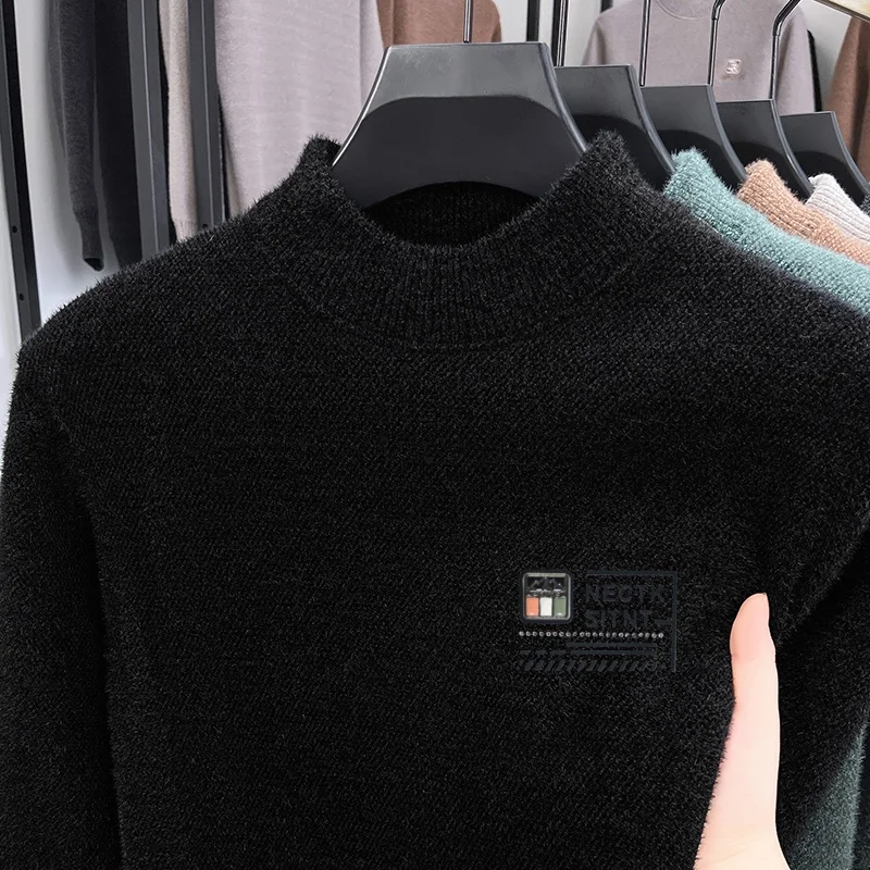 Men Long Sleeved Knitted Sweater Fleece-Lined Thickened Crew Neck Letter Print Autumn Winter New Keep Warm Leisure Men'sClothing