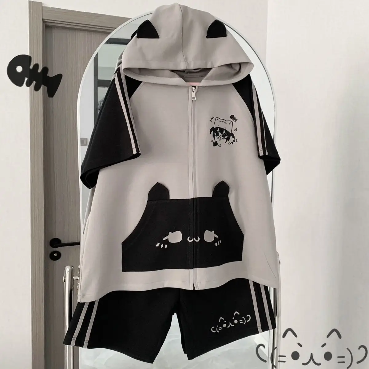 Sudadera con capucha japonesa con orejas de gato para mujer, chaqueta deportiva de manga corta con cremallera, conjunto de pantalones cortos, conjuntos de 2 piezas, ropa y2k