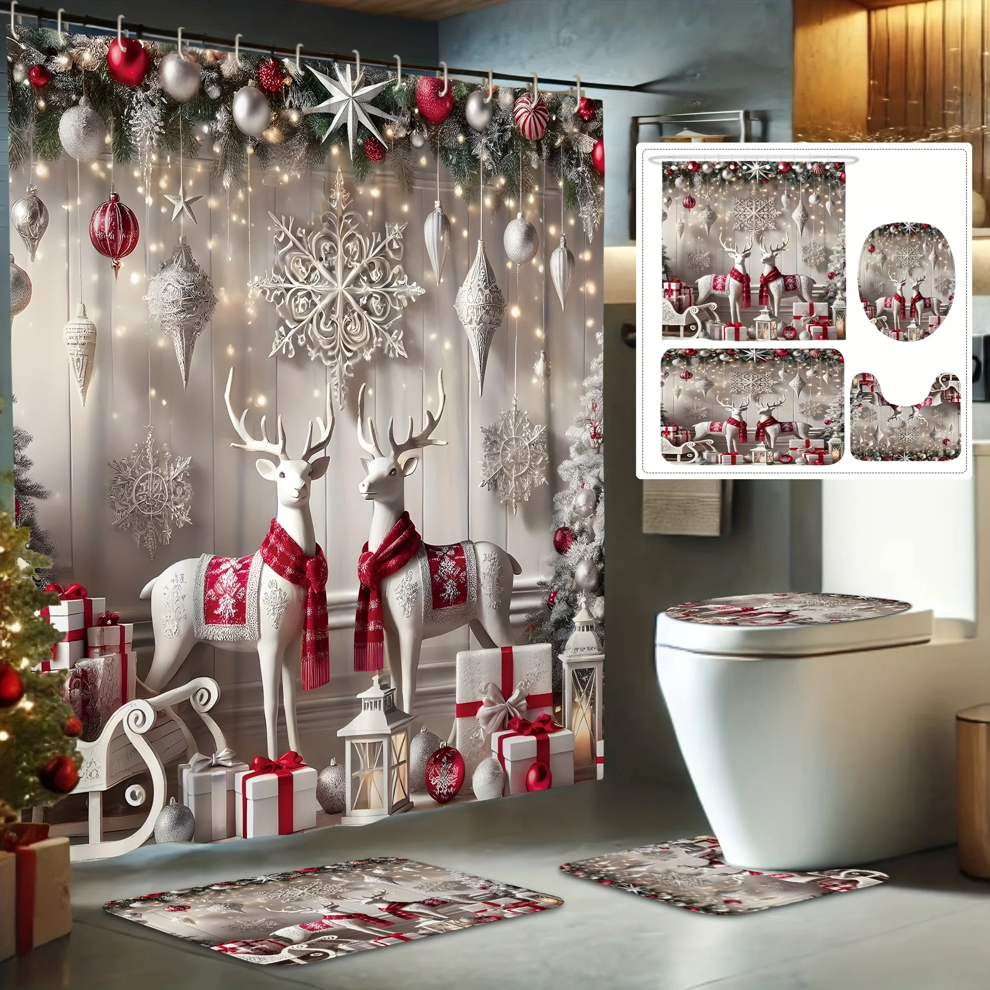 4Pcs Xmas Deer Snowflake Bath Set, Hooks Included, Machine Washable, Non-Slip Mat, U-Shaped Toilet Cover, Unlined Animal Theme