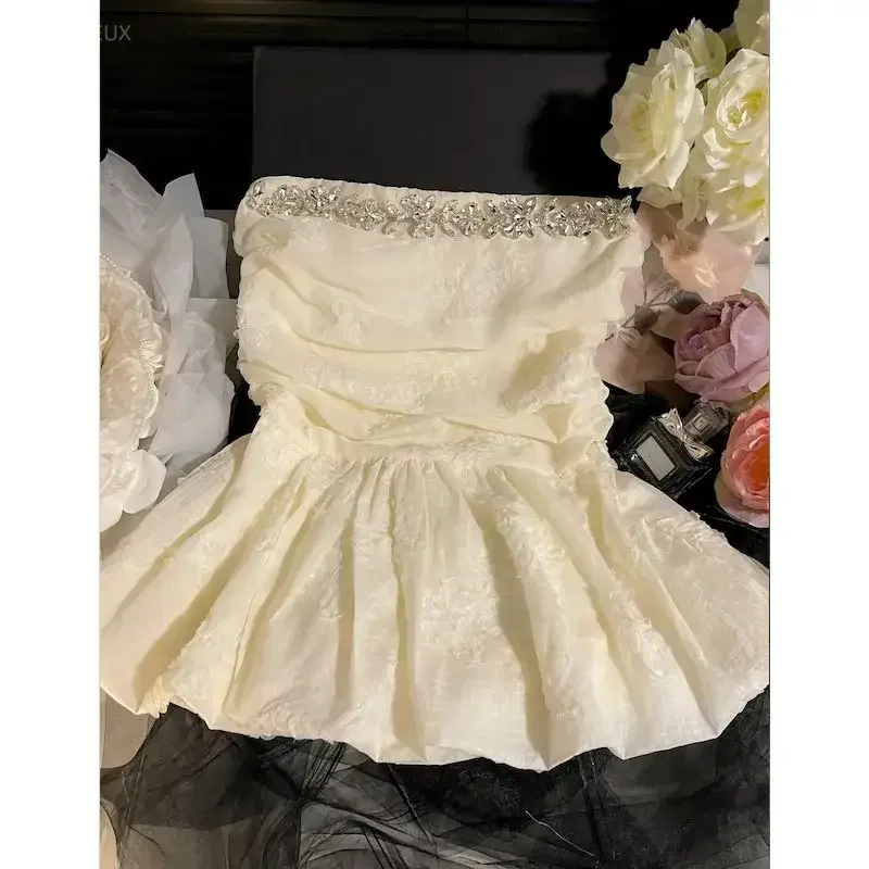 Sexy French Style Small Fragrance Rhinestone Nail Bead Waist Cinching Strapless Chiffon Dress Corset Топ Tanks & Camis Crop Top