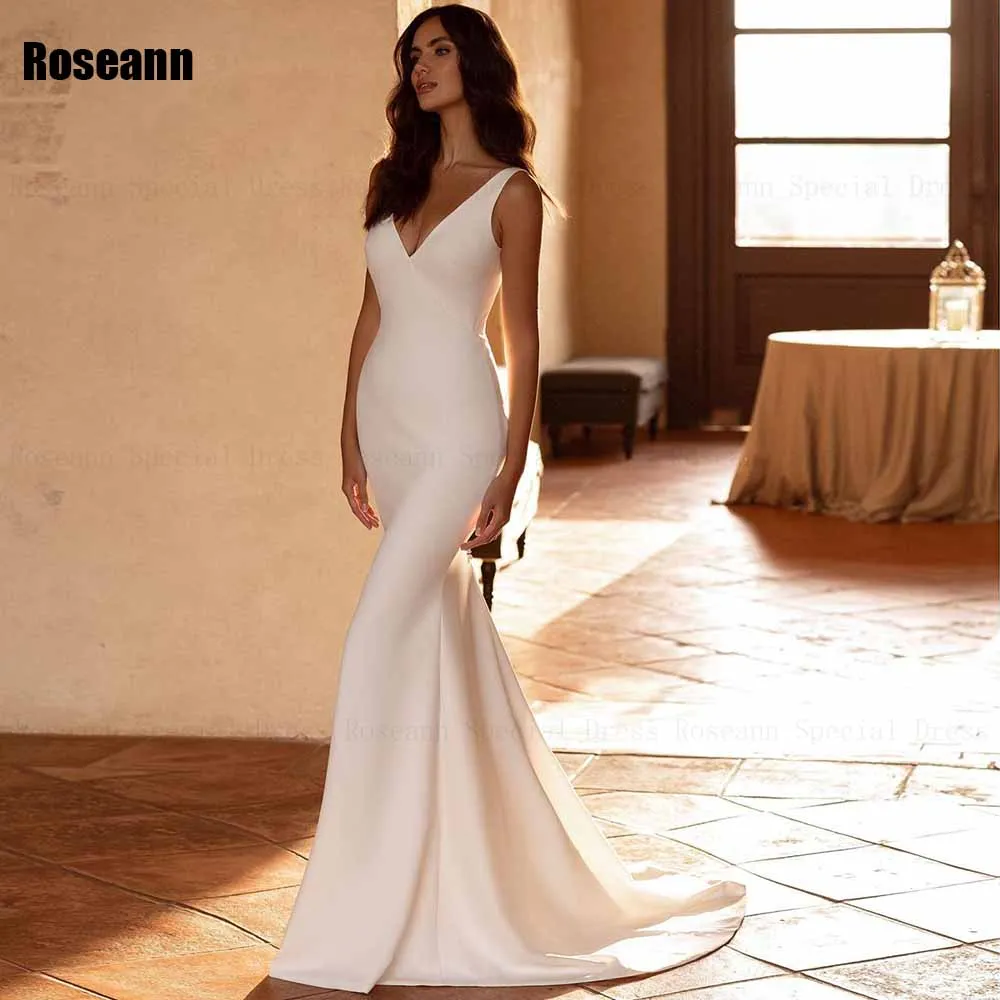 Exquisite Mermaid Wedding Dress V-Neck 2024 Design Button Sleeveless Open Back Satin Bride Dresses Floor Length robe de mariée