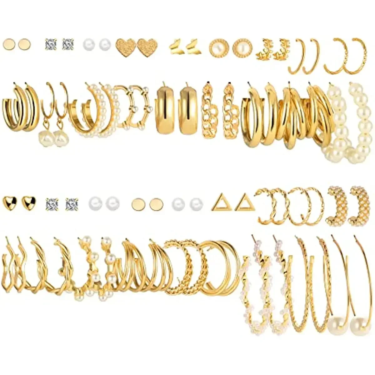 36 Pairs Gold Earrings Set for Women Pearl Chain Link Stud Drop Dangle Multipack Hoop Earring Packs for Birthday Party