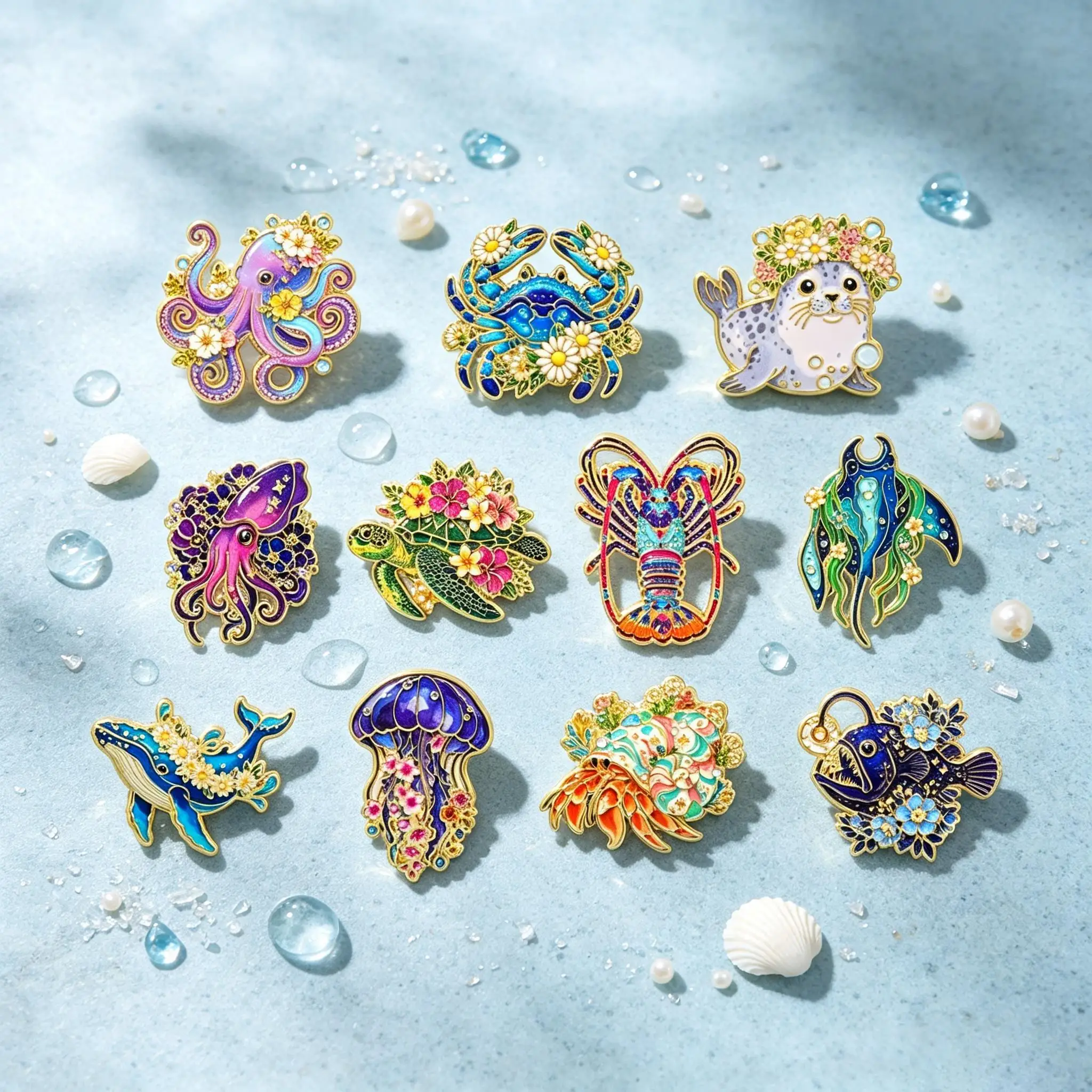 11-teiliges Emaille-Pin-Set mit Blumen- und Meeresmotiven, Cartoon-Oktopus, Schildkröte, Wal, Brosche für Mantelrevers, Metallabzeichen, Schmuck, Geschenk für Freunde