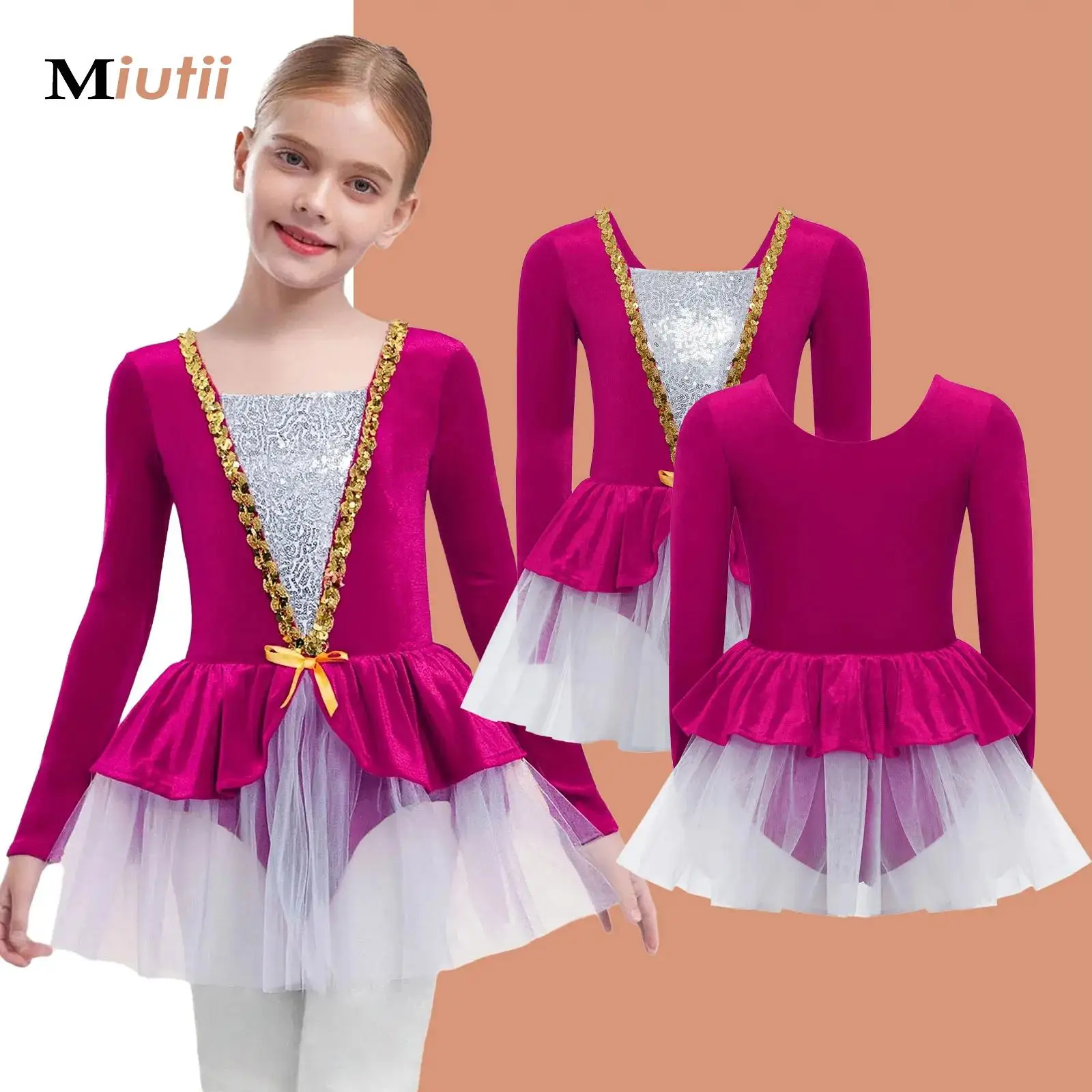 

Kid Girls Princess Ballet Dance Dress Sequin Velvet Christmas Elf Mesh Tutu Gymastics Leotard Figure Skating Performance Costume