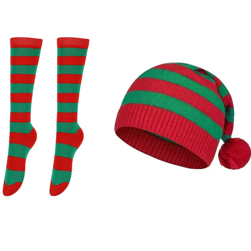 2Pcs Christmas Hats With Socks Adults Christmas Costume Accessories Set Santa Cosplay Costumes New Year Gift For Women Man