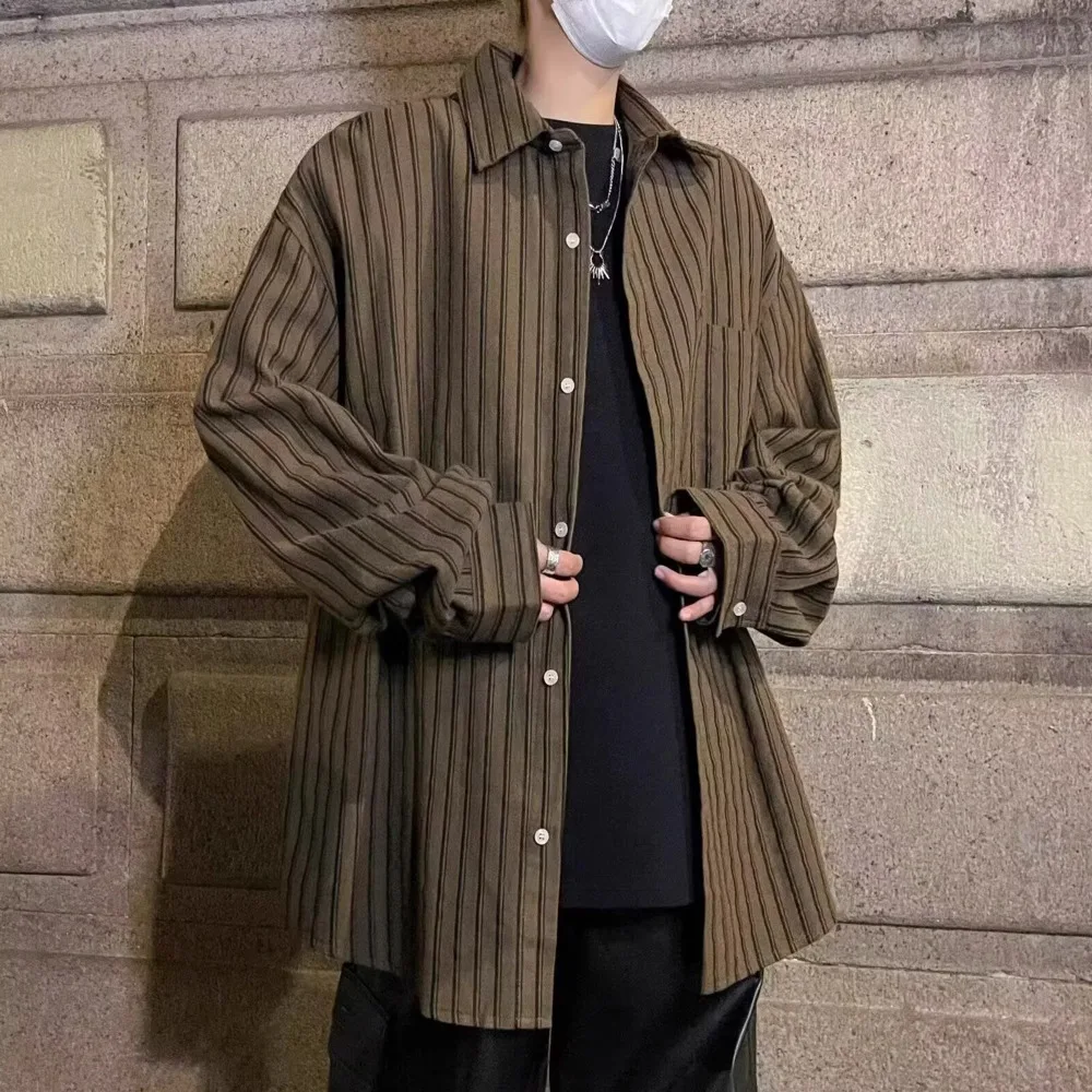 

2025 Vintage Japanese Casual Long Sleeve Shirt Men Solid Stripe Pattern Loose Oversized Fit Cityboy Style Wrinkle Resistant Top