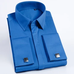 Men's Front Hidden Buttons Long Sleeve French Cuff Dress Shirt Removable Collar Stays Formal Business Regular-fit Twill Shirts