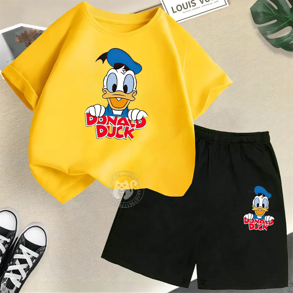 Disney Kids Summer 100% Cotton Summer Dress Donald Duck Alphabet Print Teen Boys Girls Short sleeve + Shorts Cotton casual suit