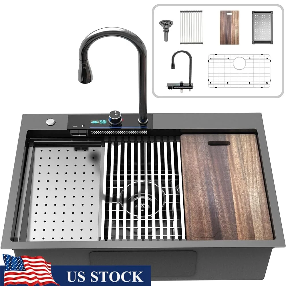 

Multifunction Waterfall Kitchen Sink Drop In with Digital Display Ambient Light Pull-Out Faucet Workstation 33x22 Inch Stainless