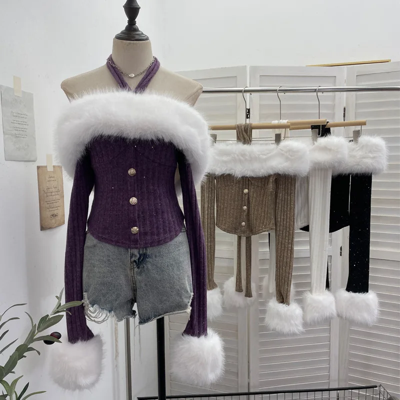 Removable Fur Collar Strap-up Neck Off-the-shoulder Knitted Top Long-sleeved Slim-fit Bottoming Top Women