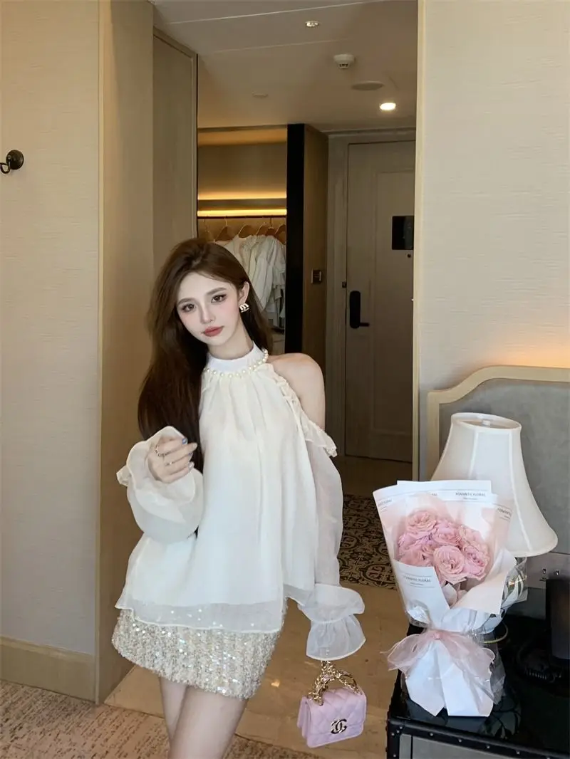 Off Shoulder Blouses Women Spring Halter Chiffon Long Sleeve Edible Tree Fungus French Style Elegant Ladies Temperament Tender