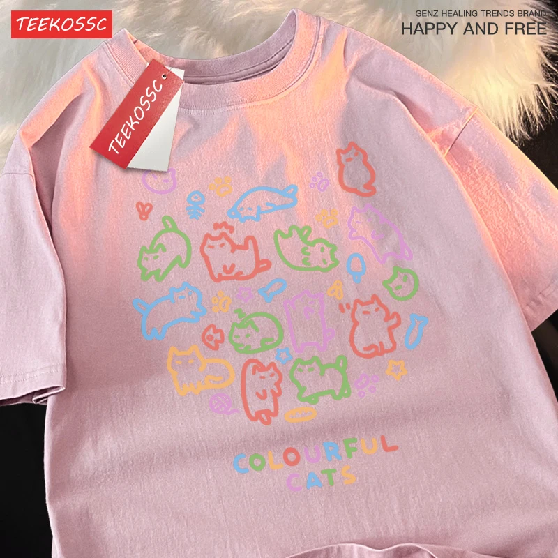 Colorful Cat Baby Pure Cotton Trendy Summer Loose Short Sleeved T-shirt Men Women Original Colorful Cat Pose Cute Tees Couple