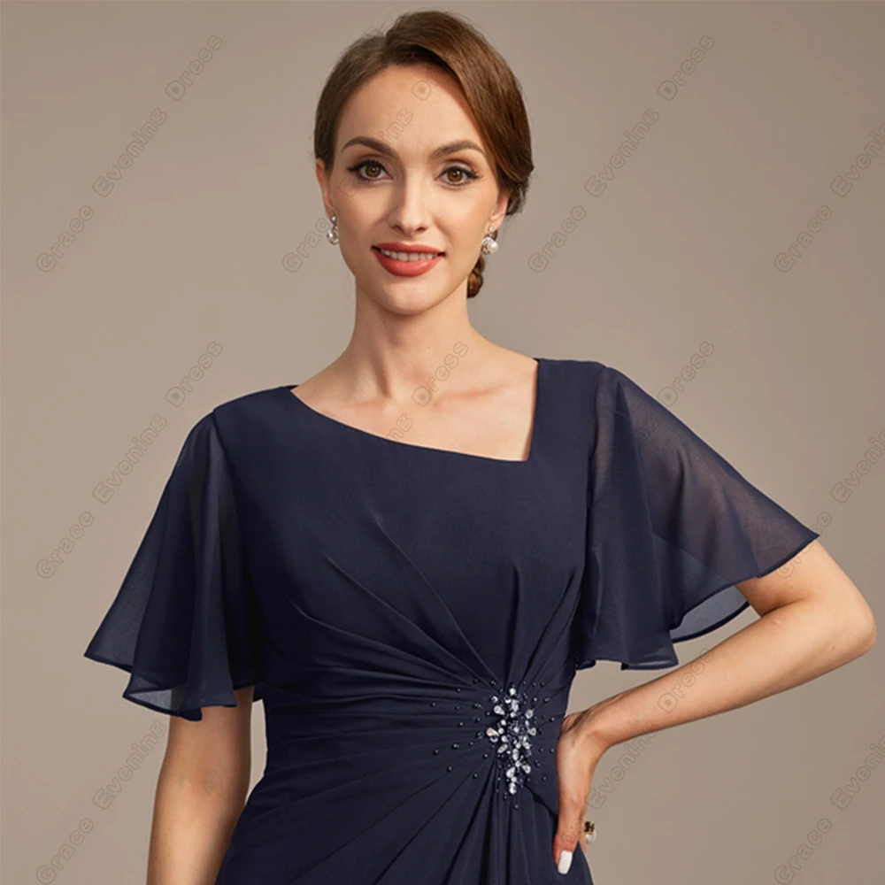 Classic Navy Blue Scoop Mother of Bride Dresses for Women Beach Chiffon Wedding Party Dresses with Beading Vestido De Novia 2025