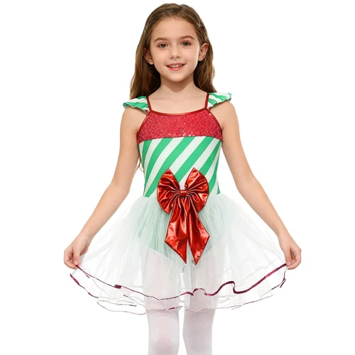 Imagen 2 del producto Niños Niñas Navidad bastón de caramelo traje de baile a rayas Dres Año nuevo elfo lentejuelas Bowknot Ballet leotardo patinaje artístico vestido tutú