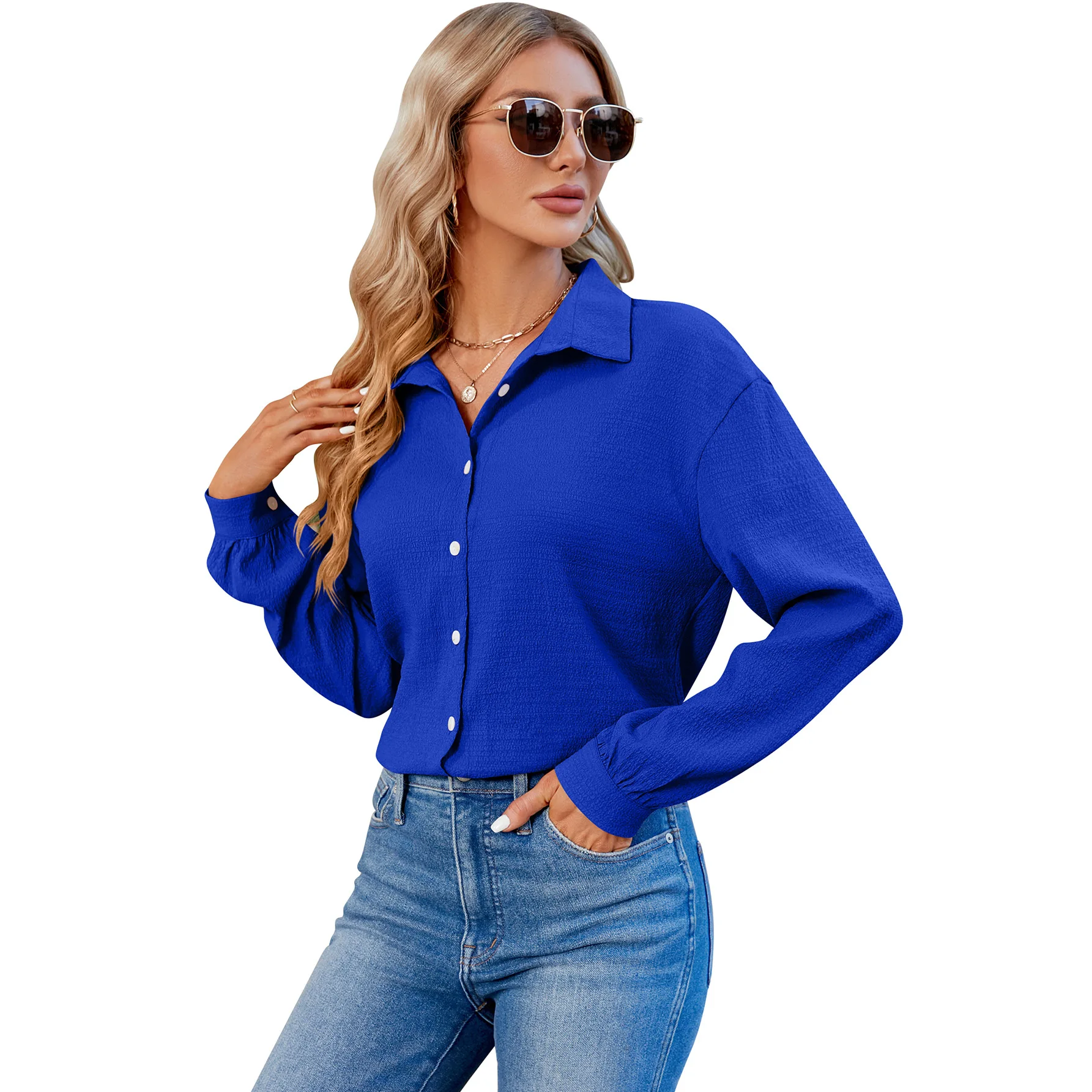 YJKDYK 2024 Spring Autumn Women\'s Blouses Women\'s Top With Sleeves Female Solid Color Bubble Wrinkled Commute Loose Shirt Top