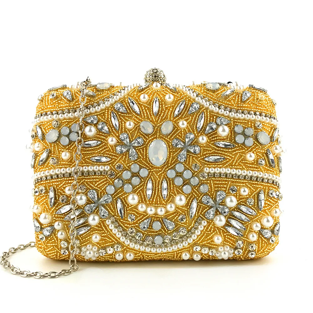 Gorgeous and Shiny Heavy Handmade Diamond-Studded Rhinestones Beaded Flower Pattern Hand Party Wedding Dinner Bag