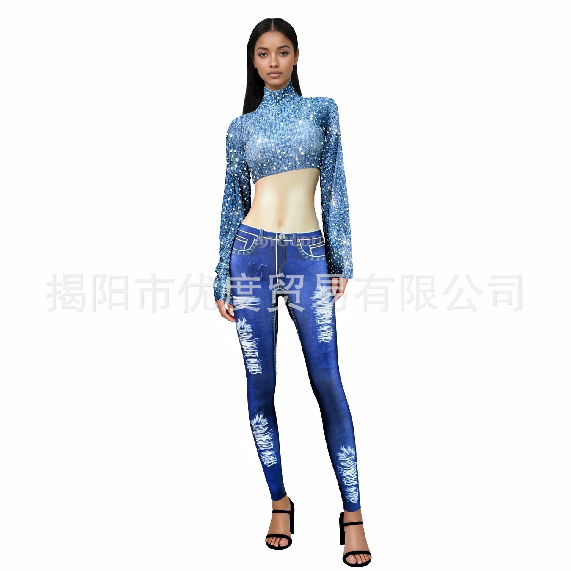 

Denim Fake Two-Piece Flared Sleeve Stretch Rhinestone Jumpsuit Performance Dress Evening Birthday Party Clothing Double Pants