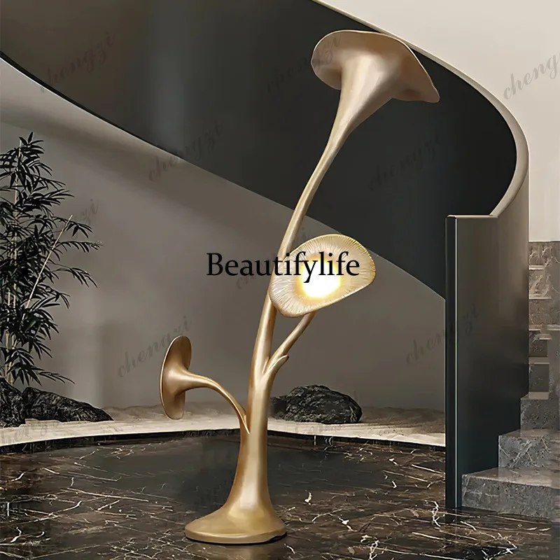 A74 Golden Flower Sculpture Floor Lamp Fiberglass Material Living Room Sales Office Model Room Entrance Abstract Art Ornament