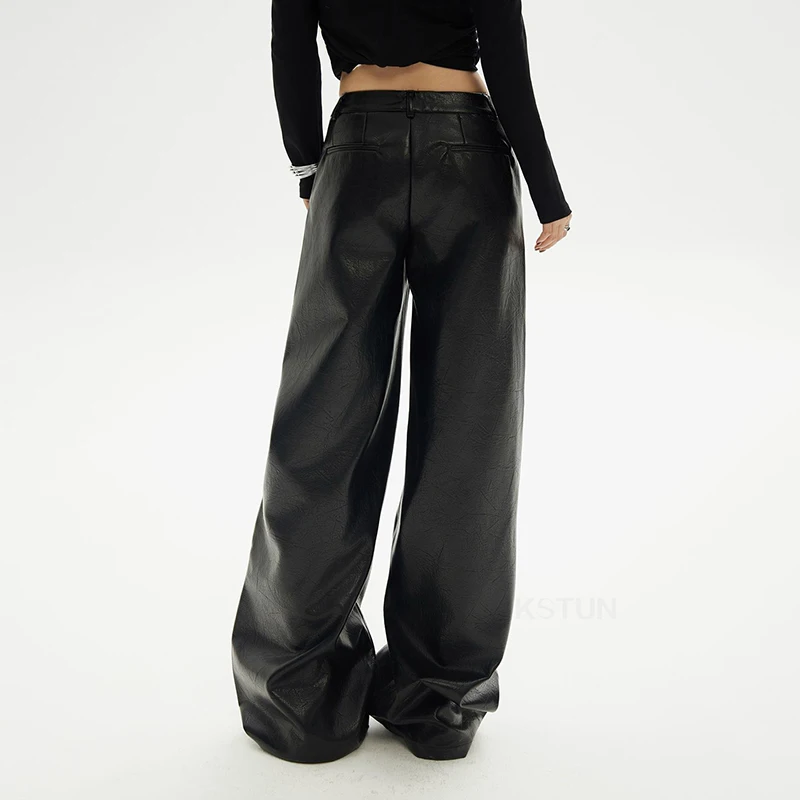 KSTUN pantalones de cuero PU para chica, pierna ancha, sensación holgada colgante, pierna recta, aspecto informal, moda para mujer, estilo Rock, piel sintética