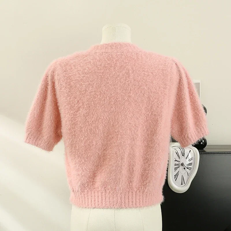 Gagarich Plush Slim Fitting Short Style Knitted Sweater 2024 Autumn Women New Gentle Short Sleeved Pink Bottom Layer Sweater Top