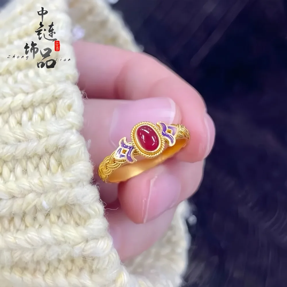 Gold-inlaid, diamond-studded filigree phoenix kite enamel ring with openwork design 9999gold