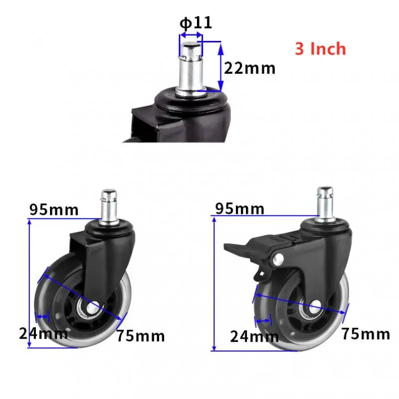 5 Pcs 3 Inch M11x22mm PU Insert Rod Universal Wheel Large Class Chair Clamp Casters Computer Office Transparent Silent