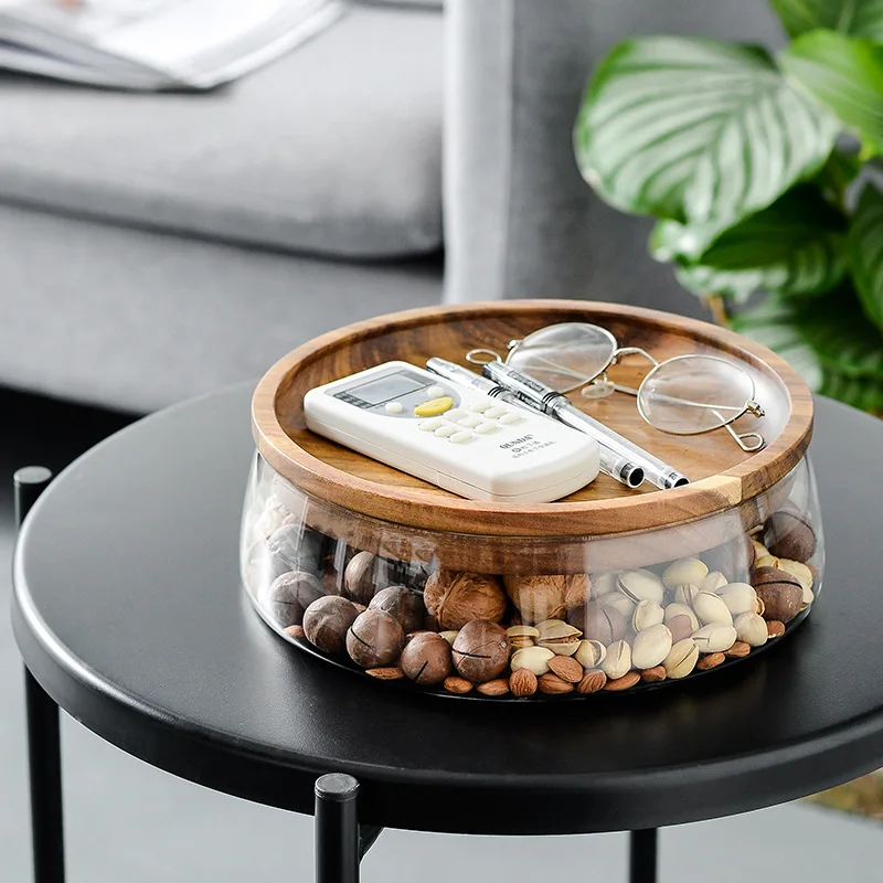 

European Style Glass Candy Storage Box Double Layer Dried Nuts with Wooden Lid for Home Food Container