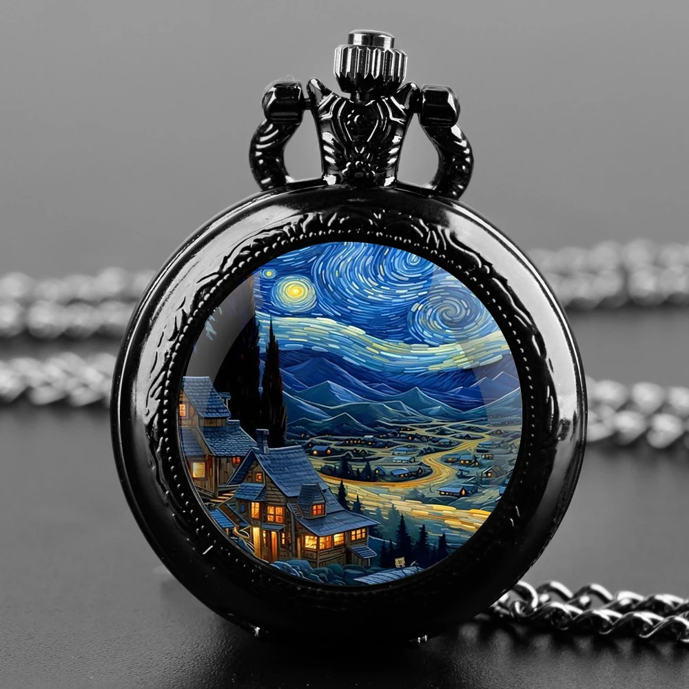 Classic Famous Painting Starry Sky Pattern Quartz Pocket Watch with Black Necklace Pendant  Analog Display for Women Men Kids