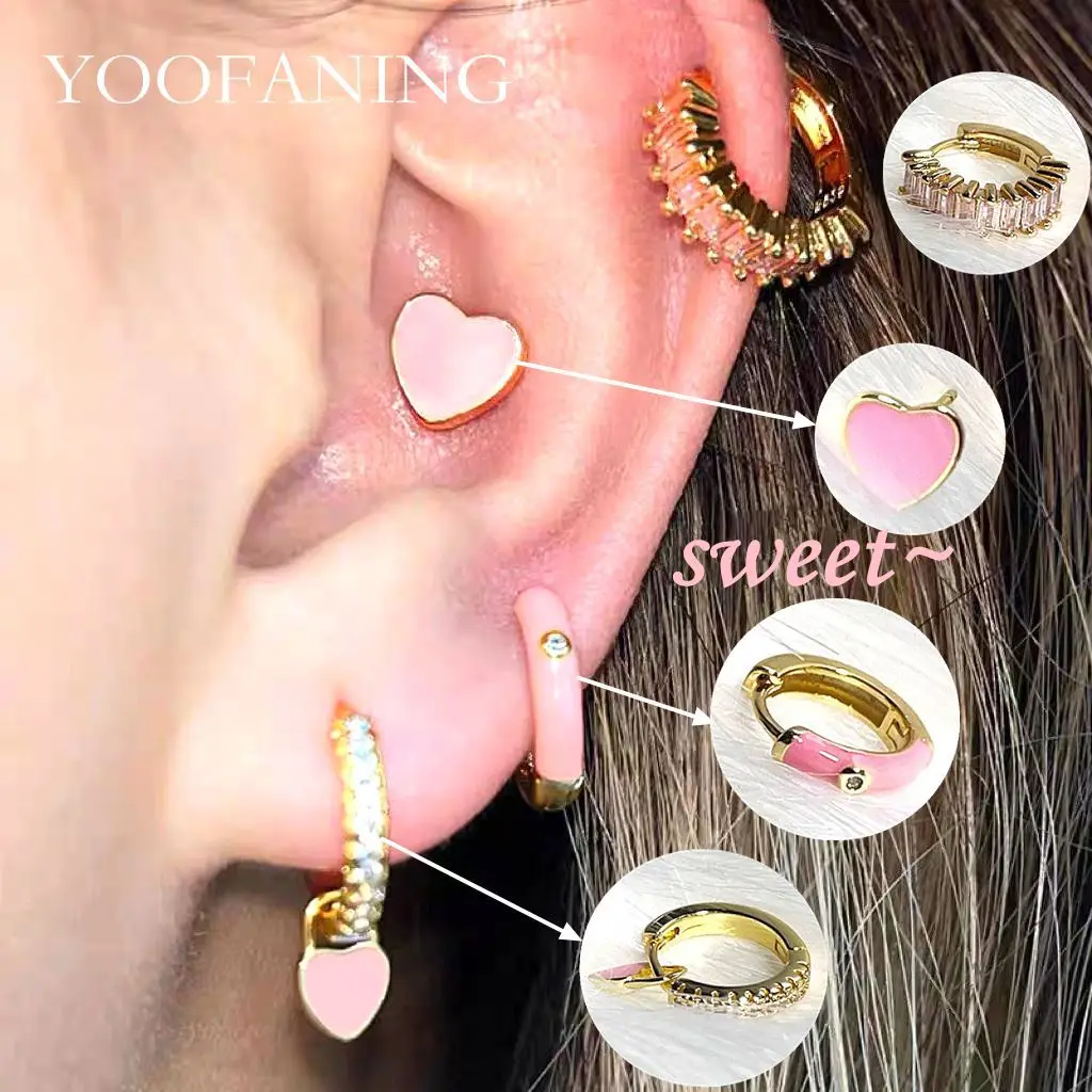 925 Sterling Silver Ear Needle Cute Sweet Combination Pink Earrings Pink Zircon Pendant Heart-shaped Earrings Ladies' Jewelry