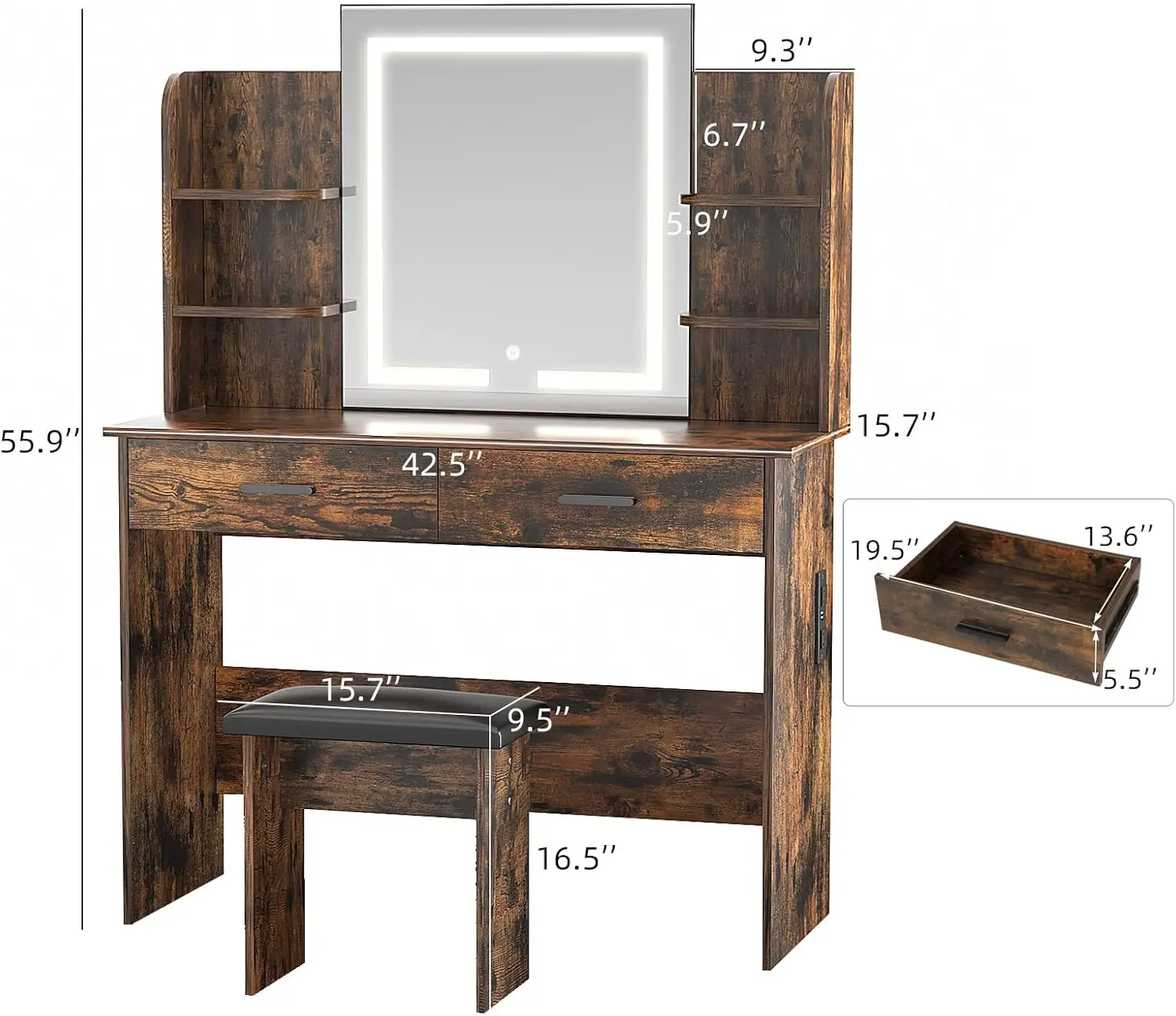 Vanity with Lighted Mirror, Makeup Vanity Desk with Power Outlet, 3 Color Light Options Adjustable Brightness Rustic