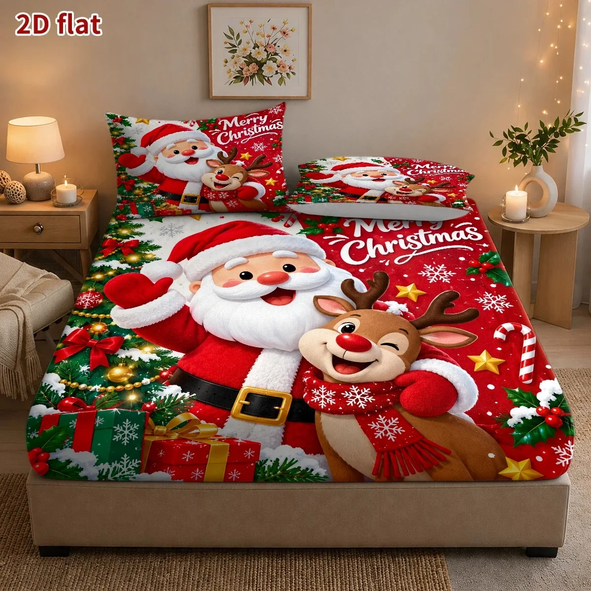 Christmas Santa Printed Three-Piece Bed Sheet Set, Bedding Set (Includes 1 Fitted Sheet + 2 Pillowcases), 3-Piece Set, Large Deep Pocket 2D Printed Fitted Sheet and 2 Pillowcases, Mattress Protector, Fitted Elastic Style, Protective Cover, Mattress Protector, Suitable for All Seasons, Machine Washable Design, Holiday Decoration, Various Sizes, Breathable Protective Cover with Pillowcase